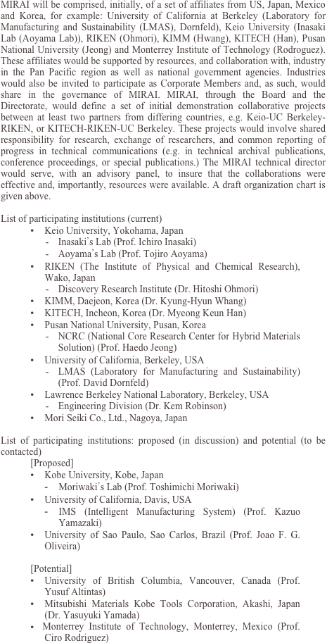 MIRAI will be comprised, initially, of a set of affiliates from US, Japan, Mexico and Korea, for example: University of California at Berkeley (Laboratory for Manufacturing and Sustainability (LMAS), Dornfeld), Keio University (Inasaki Lab (Aoyama Lab)), RIKEN (Ohmori), KIMM (Hwang), KITECH (Han), Pusan National University (Jeong) and Monterrey Institute of Technology (Rodroguez). These affiliates would be supported by resources, and collaboration with, industry in the Pan Pacific region as well as national government agencies. Industries would also be invited to participate as Corporate Members and, as such, would share in the governance of MIRAI. MIRAI, through the Board and the Directorate, would define a set of initial demonstration collaborative projects between at least two partners from differing countries, e.g. Keio-UC Berkeley-RIKEN, or KITECH-RIKEN-UC Berkeley. These projects would involve shared responsibility for research, exchange of researchers, and common reporting of progress in technical communications (e.g. in technical archival publications, conference proceedings, or special publications.) The MIRAI technical director would serve, with an advisory panel, to insure that the collaborations were effective and, importantly, resources were available. A draft organization chart is given above.

List of participating institutions (current)
	Keio University, Yokohama, Japan
-	Inasaki’s Lab (Prof. Ichiro Inasaki)
-	Aoyama’s Lab (Prof. Tojiro Aoyama)
	RIKEN (The Institute of Physical and Chemical Research), Wako, Japan
-	Discovery Research Institute (Dr. Hitoshi Ohmori)
	KIMM, Daejeon, Korea (Dr. Kyung-Hyun Whang)
	KITECH, Incheon, Korea (Dr. Myeong Keun Han)
	Pusan National University, Pusan, Korea
-	NCRC (National Core Research Center for Hybrid Materials Solution) (Prof. Haedo Jeong)
	University of California, Berkeley, USA
-	LMAS (Laboratory for Manufacturing and Sustainability) (Prof. David Dornfeld)
	Lawrence Berkeley National Laboratory, Berkeley, USA
-	Engineering Division (Dr. Kem Robinson)
	Mori Seiki Co., Ltd., Nagoya, Japan

List of participating institutions: proposed (in discussion) and potential (to be contacted)
[Proposed]
	Kobe University, Kobe, Japan 
-	Moriwaki’s Lab (Prof. Toshimichi Moriwaki)
	University of California, Davis, USA 
-	IMS (Intelligent Manufacturing System) (Prof. Kazuo Yamazaki)
	University of Sao Paulo, Sao Carlos, Brazil (Prof. Joao F. G. Oliveira)

[Potential]
	University of British Columbia, Vancouver, Canada (Prof. Yusuf Altintas)
	Mitsubishi Materials Kobe Tools Corporation, Akashi, Japan (Dr. Yasuyuki Yamada)
  Monterrey Institute of Technology, Monterrey, Mexico (Prof. Ciro Rodriguez)